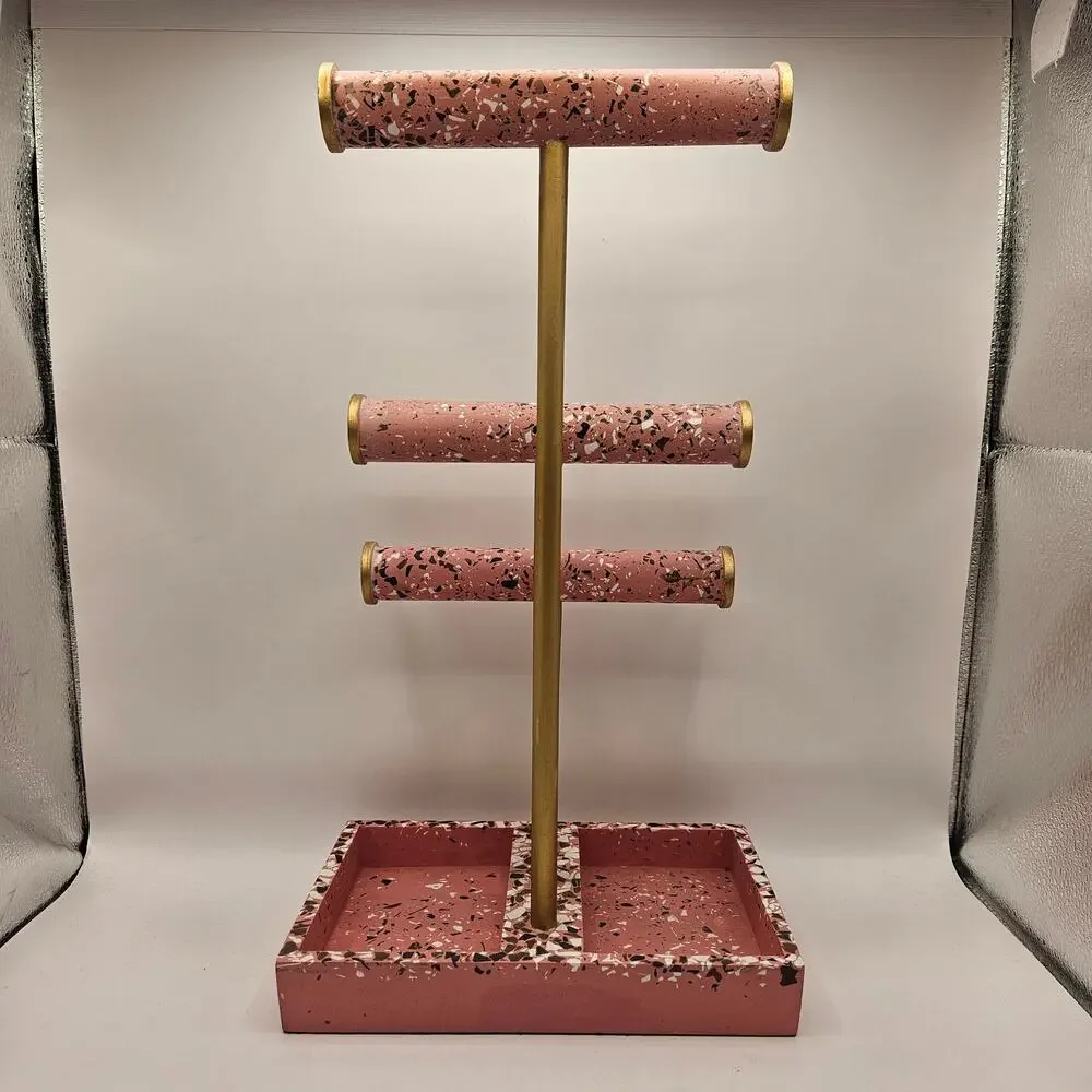 PINK TERRAZZO JEWELRY ORGANIZER STAND 3 TIER BRACELET NECKLACE HOLDER TRAY